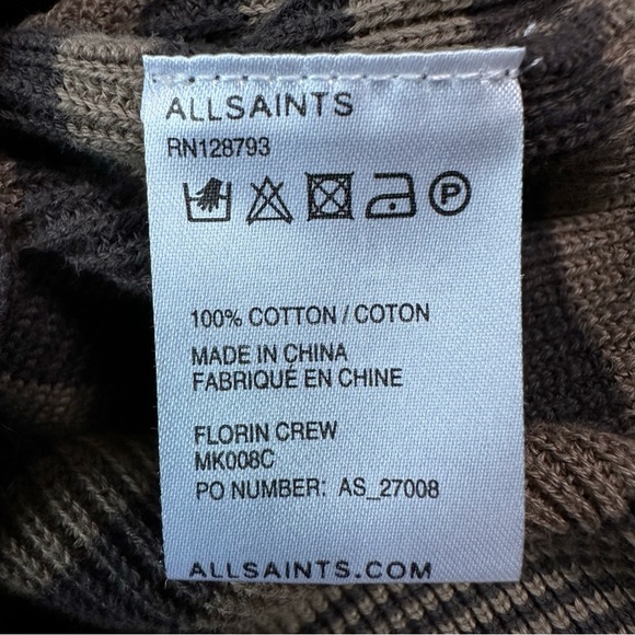 All Saints Men Brown Striped Cotton Crewneck Knit Sweater - Picture 9 of 11